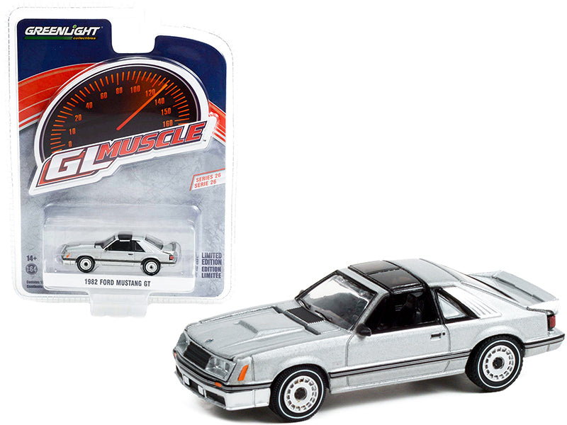 1982 Ford Mustang GT 5.0 Silver Metallic with Black Stripes "Greenlight Muscle" Series 26 1/64 Diecast Model Car by Greenlight free shipping USA