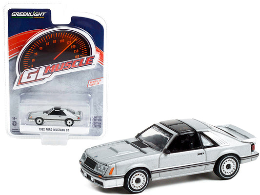 1982 Ford Mustang GT 5.0 Silver Metallic with Black Stripes "Greenlight Muscle" Series 26 1/64 Diecast Model Car by Greenlight free shipping USA