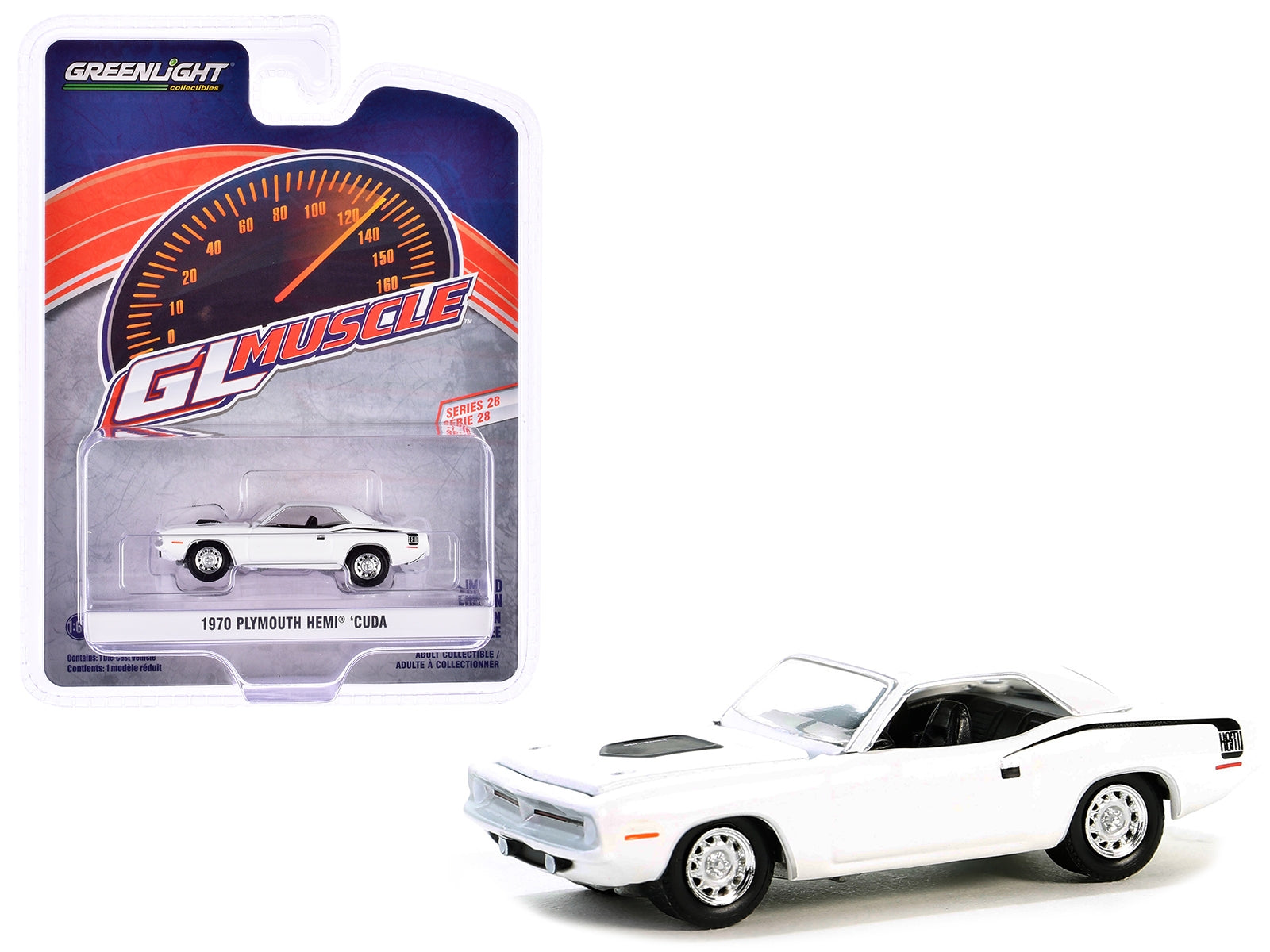 1970 Plymouth Hemi Barracuda Alpine White with Black Stripes "GreenLight Muscle" Series 28 1/64 Diecast Model Car by Greenlight - Premium Plymouth Models from Greenlight - Just $23.45! Shop now at Rapidvehicles