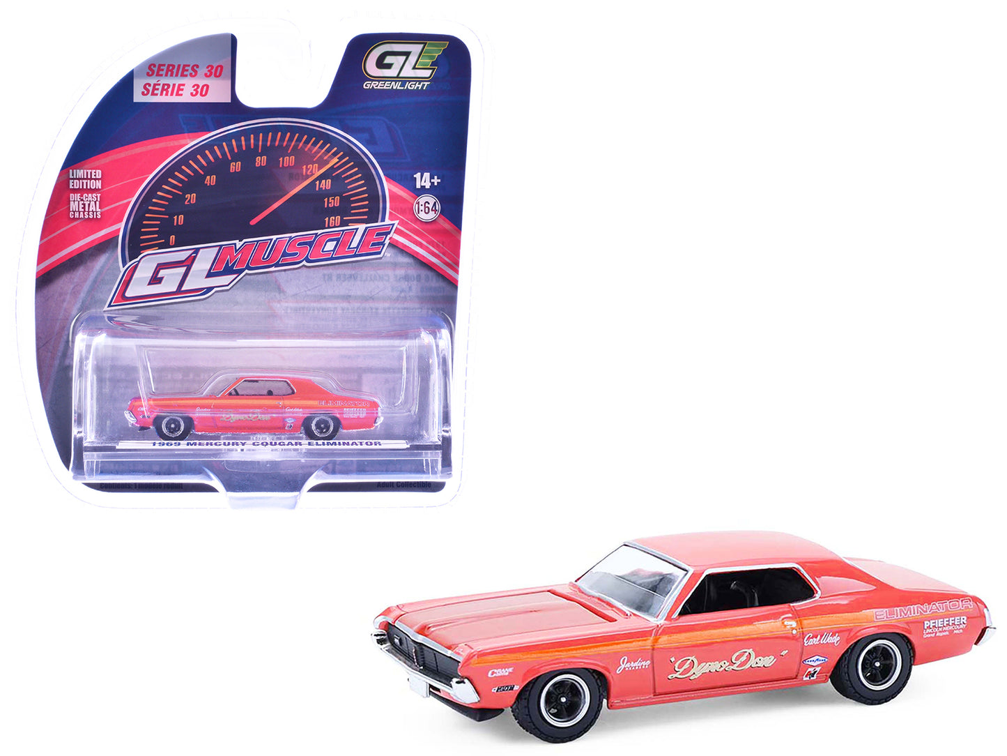 1969 Mercury Cougar Eliminator "Dyno Don" Red with Orange Stripes "GreenLight Muscle" Series 30 1/64 Diecast Model Car by Greenlight