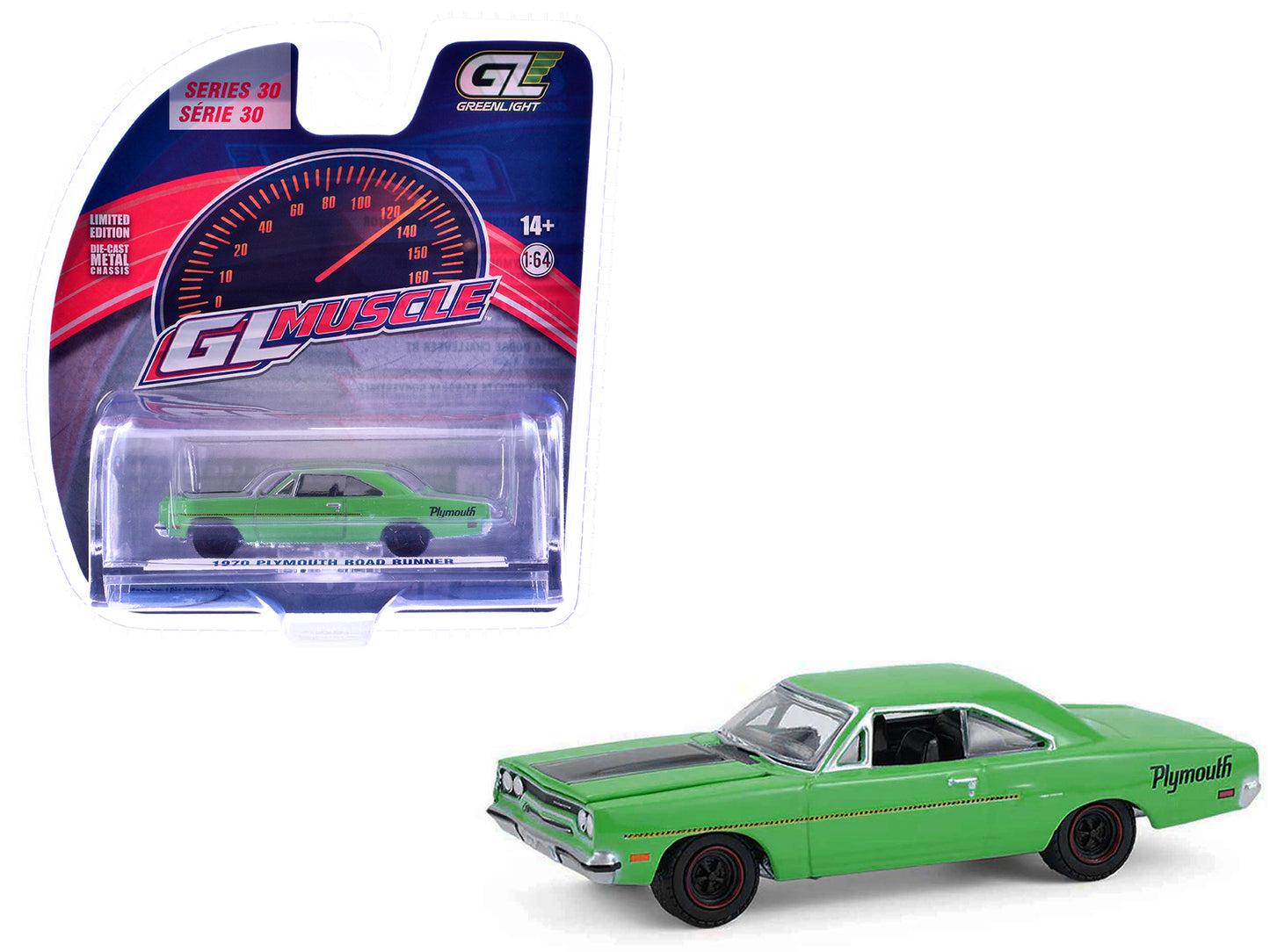 1970 Plymouth Road Runner Green with Black Hood Stripe "GreenLight Muscle" Series 30 1/64 Diecast Model Car by Greenlight - Use code SHOPAPP15 to get 15 percent off