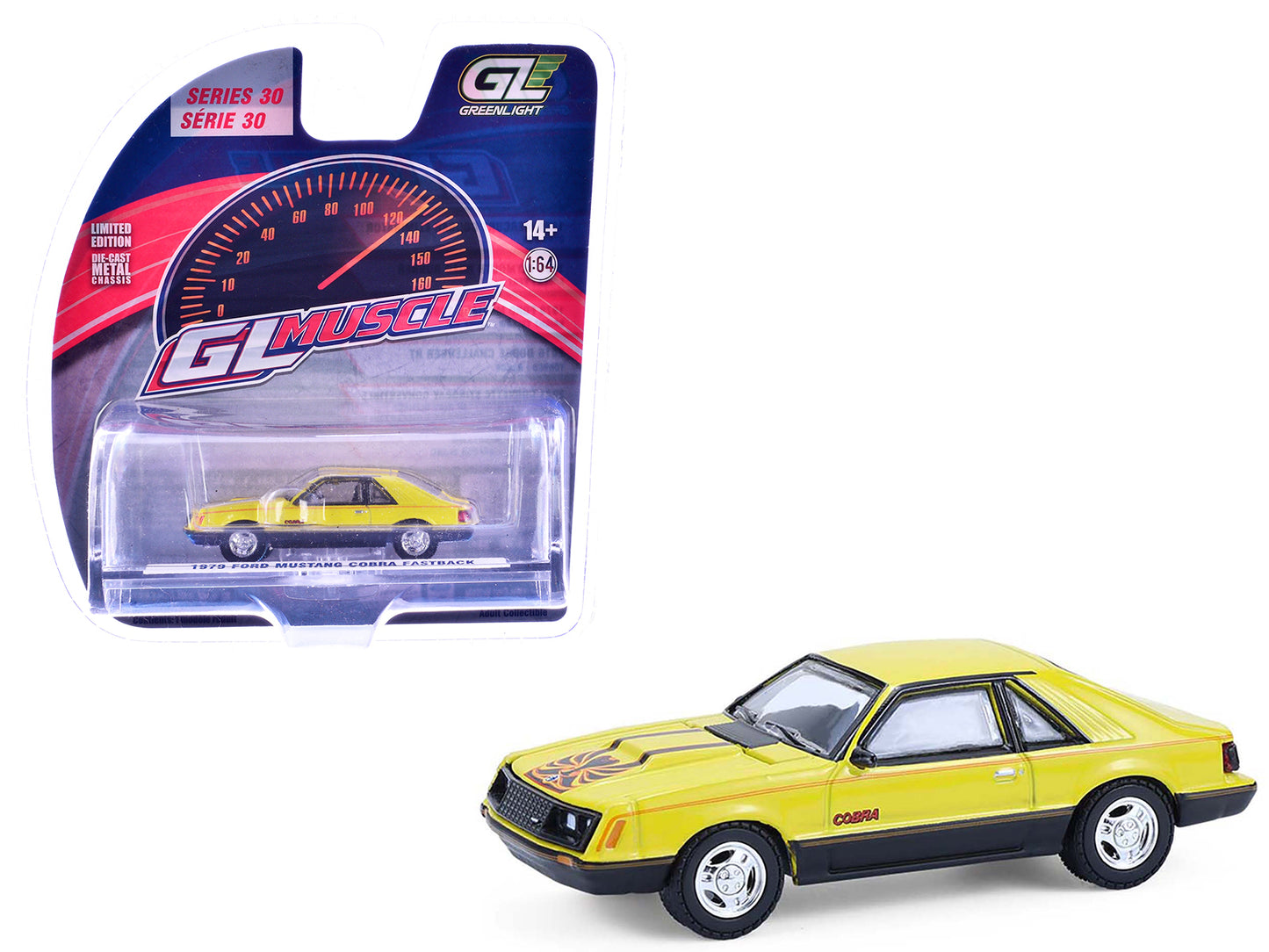 1979 Ford Mustang Cobra Fastback Bright Yellow with Cobra Good Graphics "GreenLight Muscle" Series 30 1/64 Diecast Model Car by Greenlight