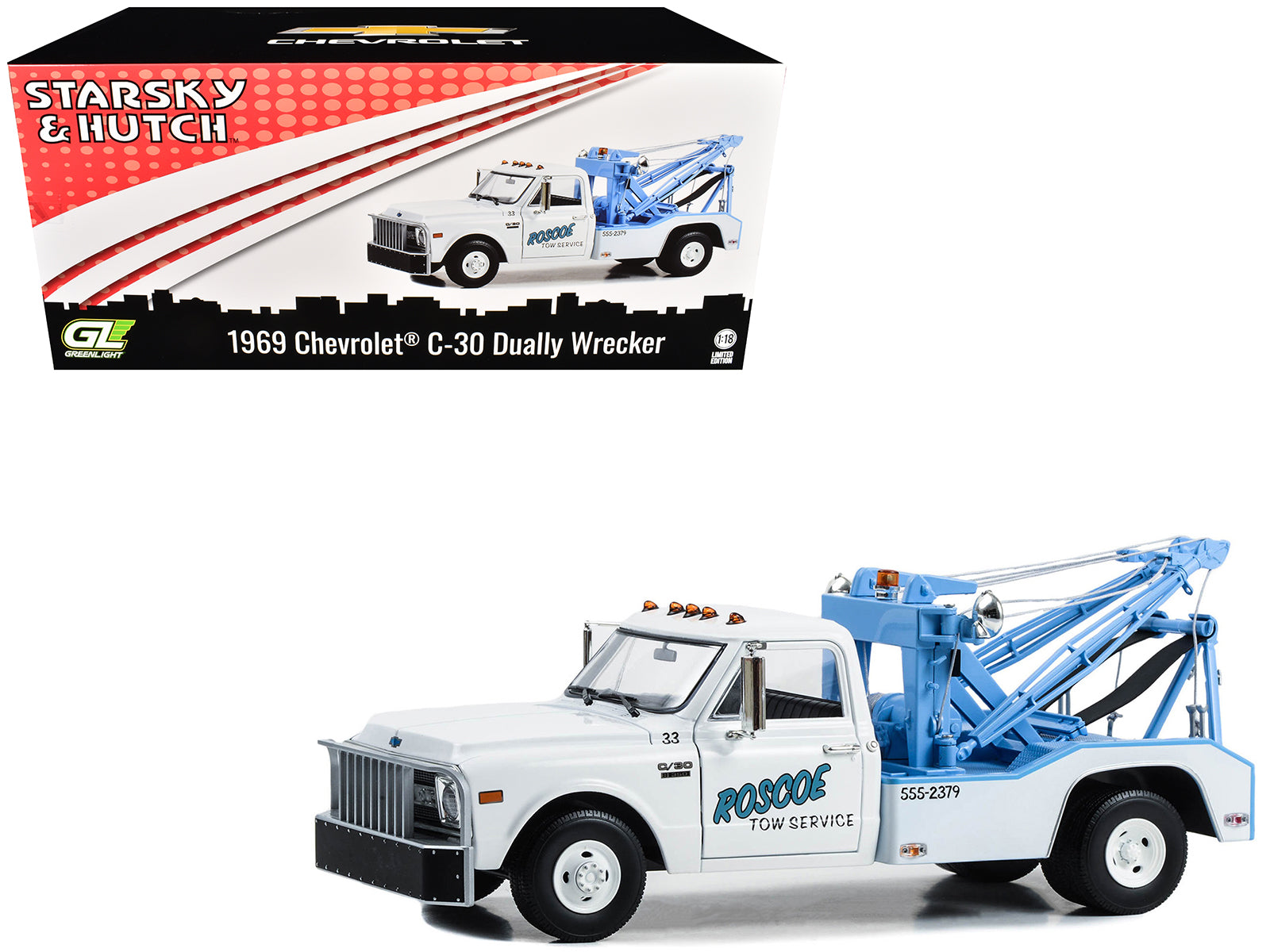 1969 Chevrolet C-30 Dually Wrecker Tow Truck "Roscoe Tow Service" White "Starsky and Hutch" (1975-1979) TV Series 1/18 Diecast Model Car by Greenlight free shipping USA