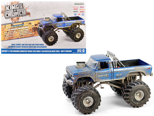 1974 Ford F-250 Monster Truck with 66-Inch Tires Blue "Bigfoot #1" (Dirty Version) "Kings of Crunch" Series 1/18 Diecast Model Car by Greenlight