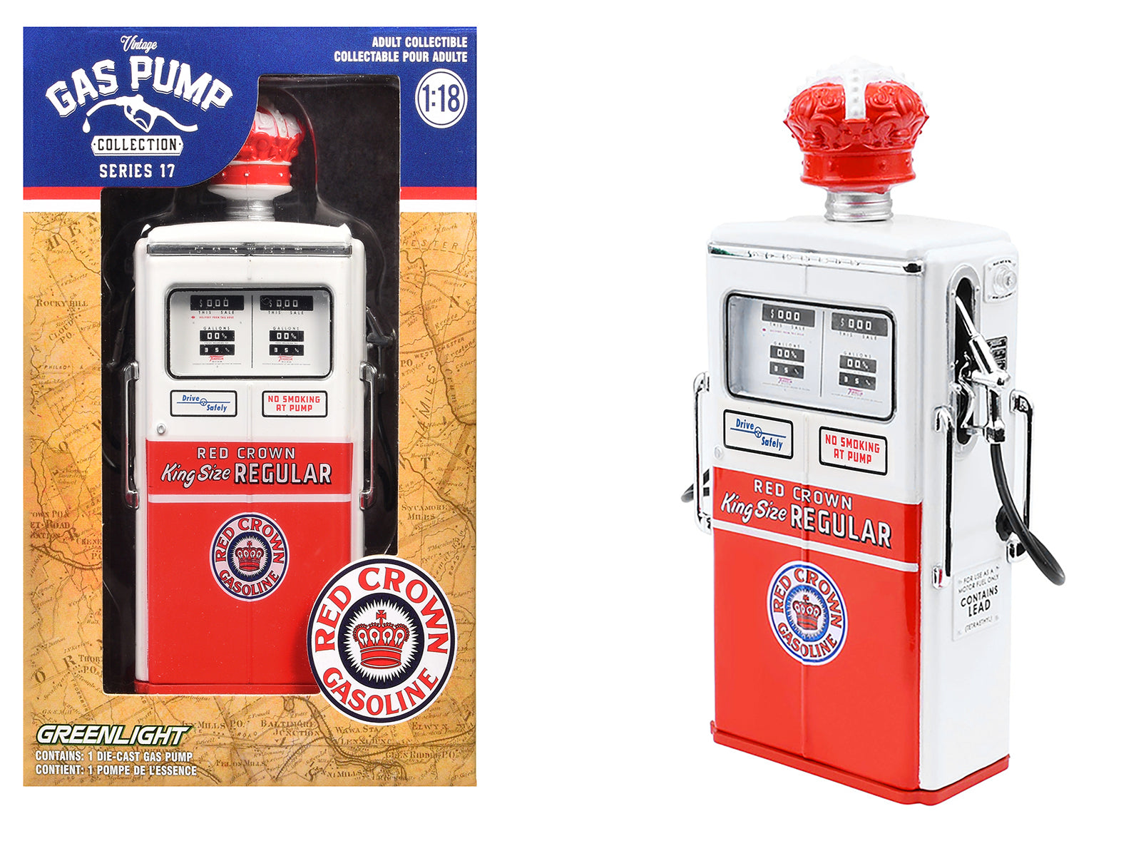 1954 Tokheim 350 Twin Gas Pump "Red Crown Gasoline" White and Red "Vintage Gas Pumps" Series 17 1/18 Diecast Replica by Greenlight free shipping USA