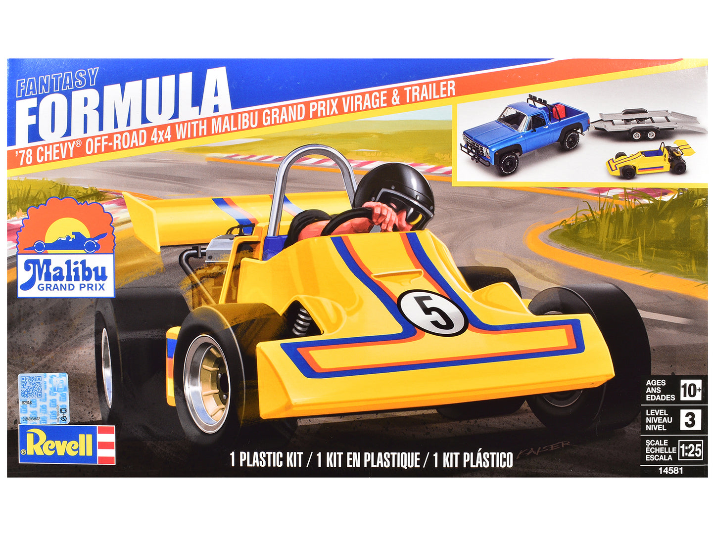 Level 3 Model Kit 1978 Chevrolet Off-Road 4x4 Pickup Truck and "Malibu Grand Prix" Virage with Trailer "Fantasy Formula" 1/25 Scale Model by Revell