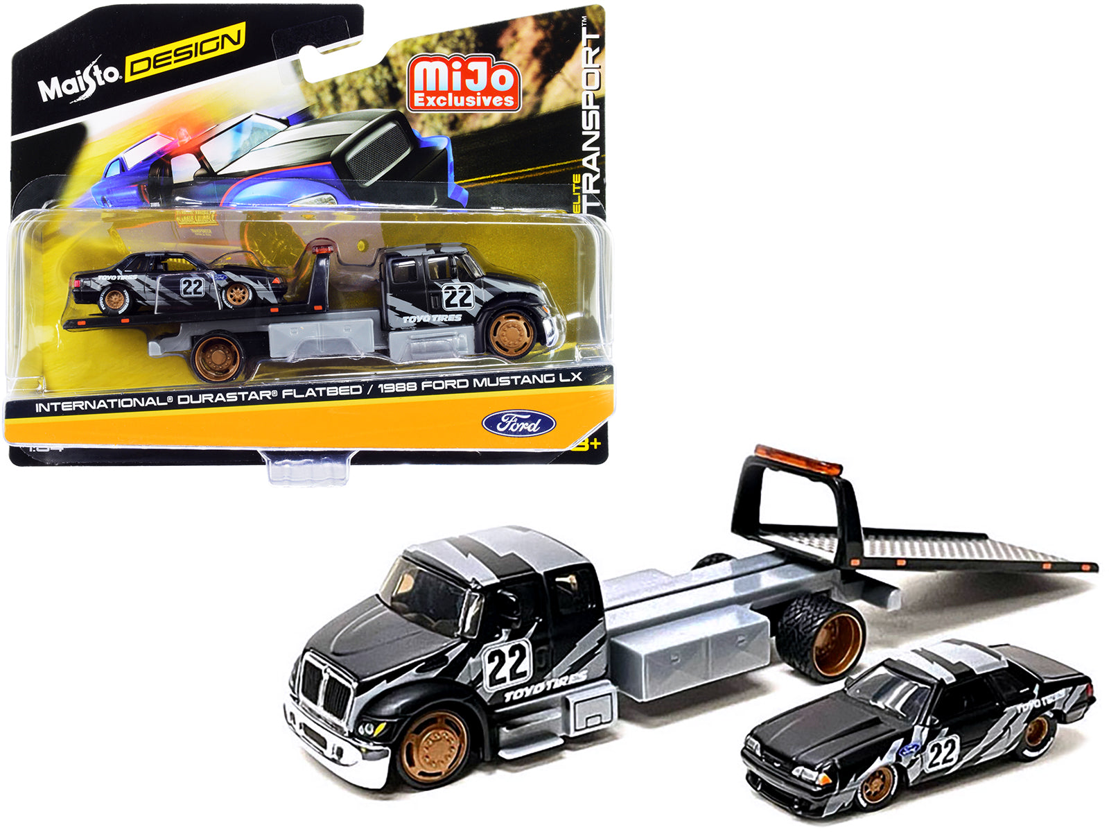 International DuraStar Flatbed Truck #22 and 1988 Ford Mustang LX #22 Matt Black with Gray Graphics "Toyo Tires" "Elite Transport" Series 1/64 Diecast Models by Maisto - Premium  from Maisto - Just $40.99! Shop now at Rapidvehicles