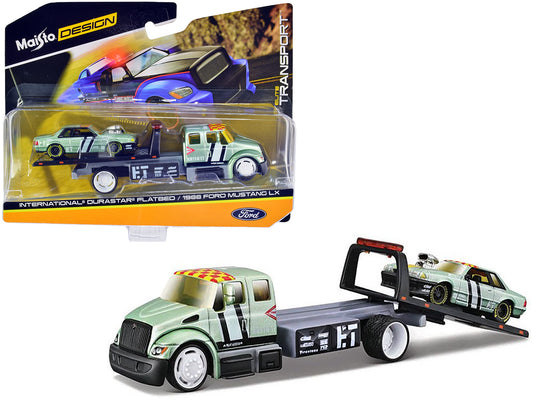 International DuraStar Flatbed Truck #17 and 1988 Ford Mustang LX #17 Light Green Metallic with Stripes and Graphics "Elite Transport" Series 1/64 Diecast Models by Maisto free shipping USA