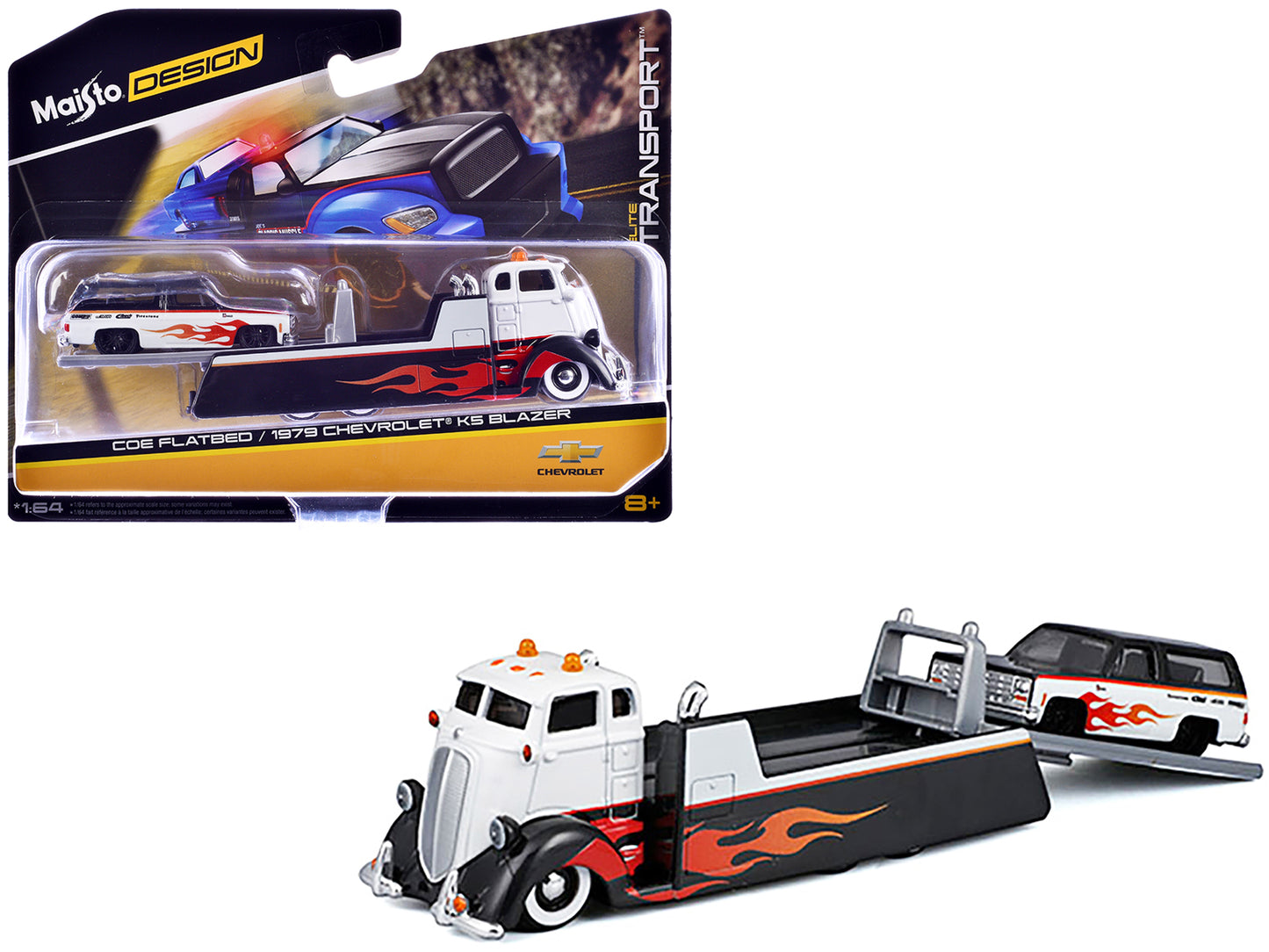 COE Flatbed Truck White and Black with Flame Graphics and 1979 Chevrolet K5 Blazer Black and White with Flame Graphics "Elite Transport" Series 1/64 Diecast Models by Maisto - Use code SHOPAPP15 to get 15 percent off