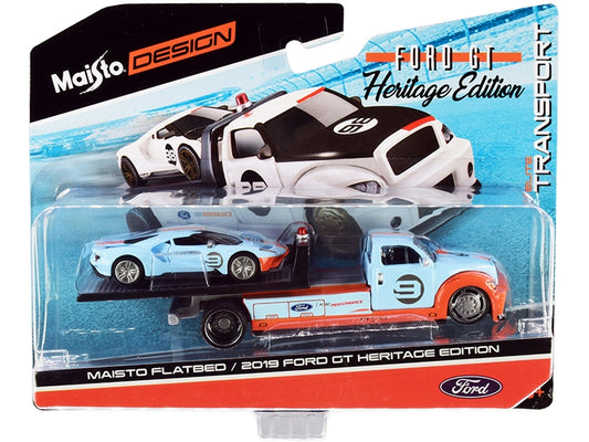 2019 Ford GT #9 Heritage Edition with Flatbed Truck Light Blue - Premium 1/64 Scale Sets from Maisto - Just $42.29! Shop now at Rapidvehicles