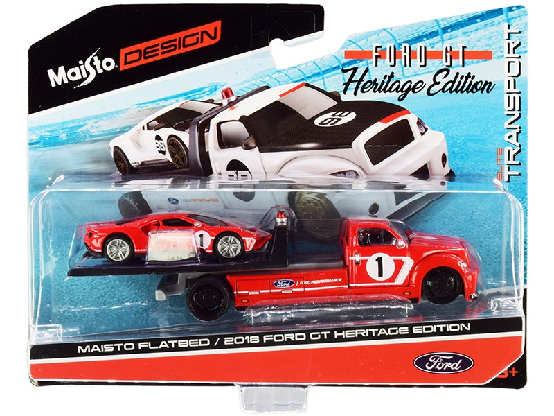 2018 Ford GT #1 Heritage Edition with Flatbed Truck Red with - Premium 1/64 Scale Sets from Maisto - Just $42.29! Shop now at Rapidvehicles