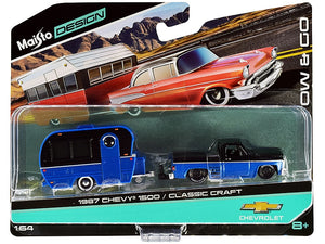 1987 Chevrolet 1500 Pickup Truck with Bed Cover and Classic Craft Travel Trailer Black and Blue Metallic "Tow & Go" Series 1/64 Diecast Models by Maisto - Premium 1/64 Scale Sets from Maisto - Just $38.18! Shop now at Rapidvehicles