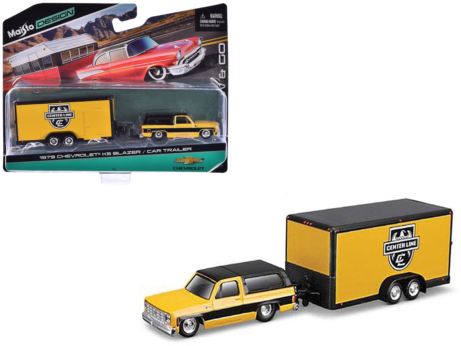 1979 Chevrolet K5 Blazer Yellow with Black Top and Stripes with Enclosed Car Trailer Yellow and Black "Center Line" "Tow & Go" Series 1/64 Diecast Model Car by Maisto - Premium Chevrolet Models from Maisto - Just $38.18! Shop now at Rapidvehicles