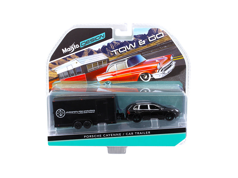 Porsche Cayenne Black and Car Trailer Tow & Go 1/64 Diecast Model by Maisto free shipping USA