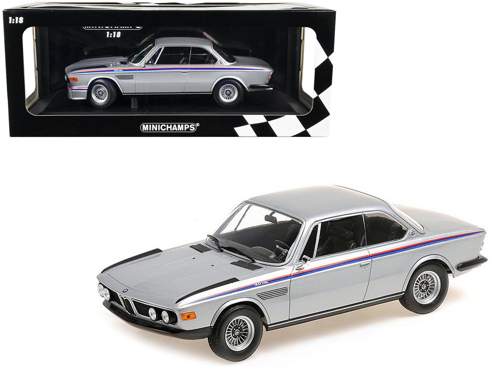 1973 BMW 3.0 CSL Silver Metallic with Red and Blue Stripes Limited Edition to 540 pieces Worldwide 1/18 Diecast Model Car by Minichamps - Premium  from Minichamps - Just $193.99! Shop now at Rapidvehicles