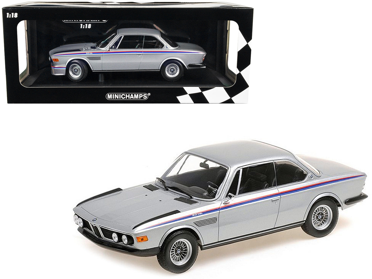 1973 BMW 3.0 CSL Silver Metallic with Red and Blue Stripes - Premium BMW Models from Minichamps - Just $214.19! Shop now at Rapidvehicles