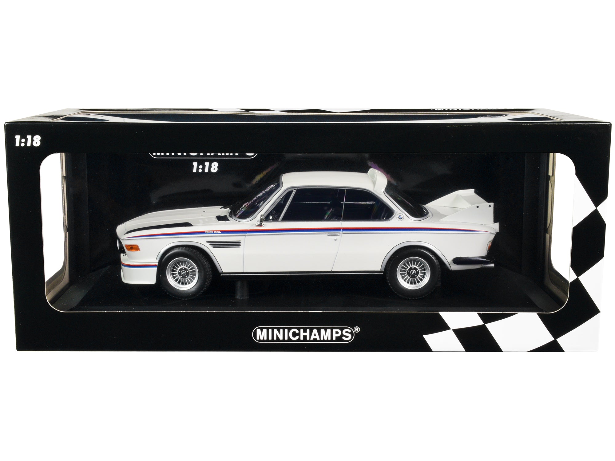 1973 BMW 3.0 CSL White with Red and Blue Stripes Limited Edition to 600 pieces Worldwide 1/18 Diecast Model Car by Minichamps - Premium  from Minichamps - Just $193.99! Shop now at Rapidvehicles