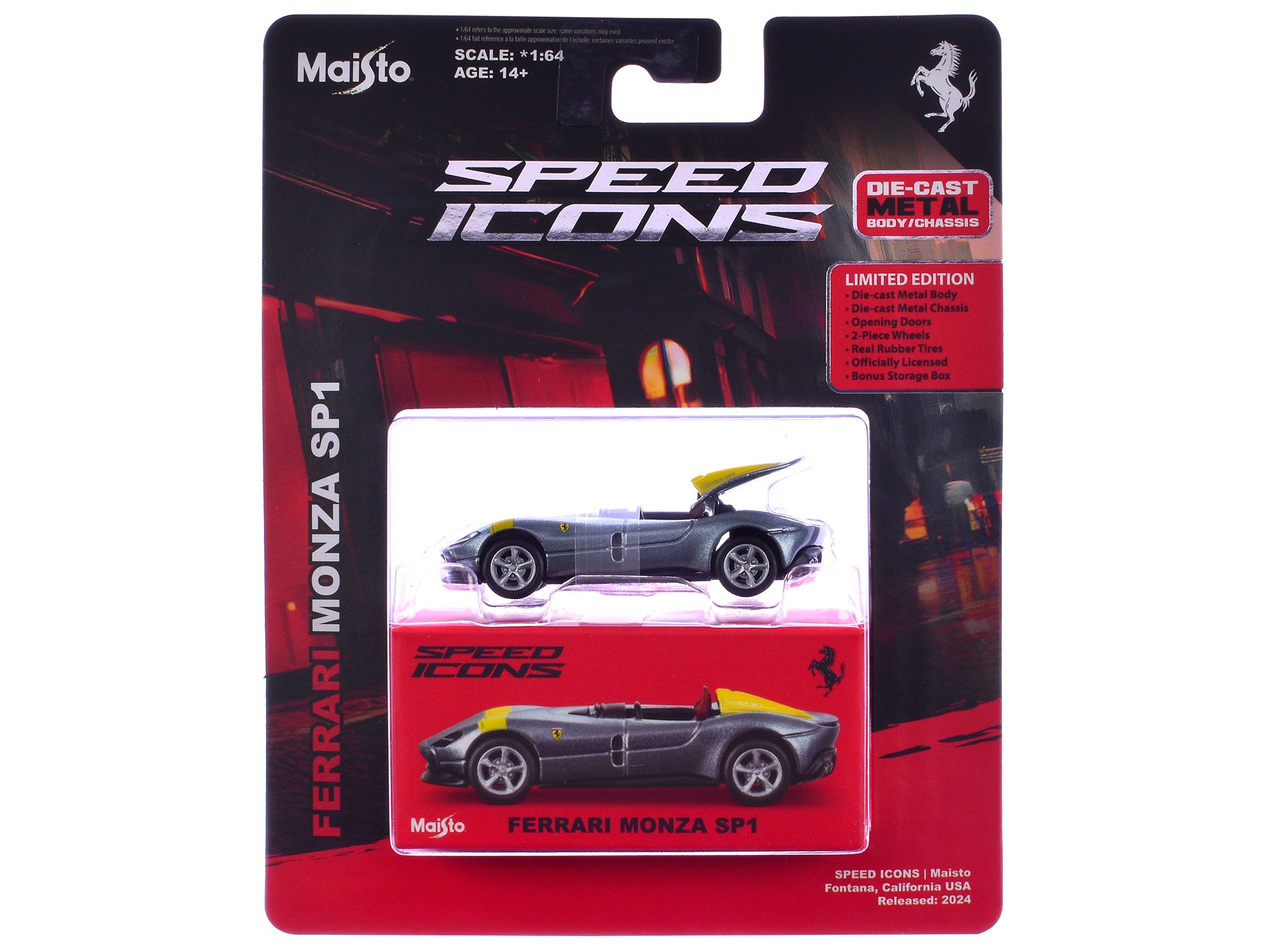 Ferrari Monza SP1 Silver Metallic with Yellow Stripes "Speed Icons" Series 1/64 Diecast Model Car by Maisto free shipping USA