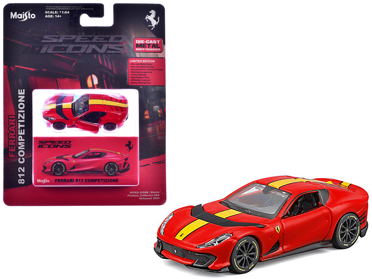 Ferrari 812 Competizione Red with Yellow Stripe "Speed Icons" Series 1/64 Diecast Model Car by Maisto - Use code SHOPAPP15 to get 15 percent off