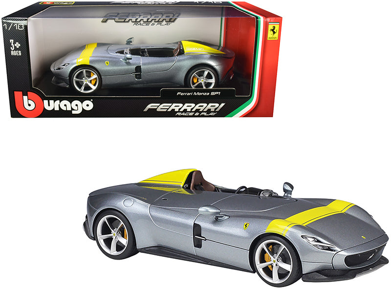 Ferrari Monza SP1 Silver Metallic with Yellow Stripes 1/18 Diecast Model Car by Bburago free shipping USA