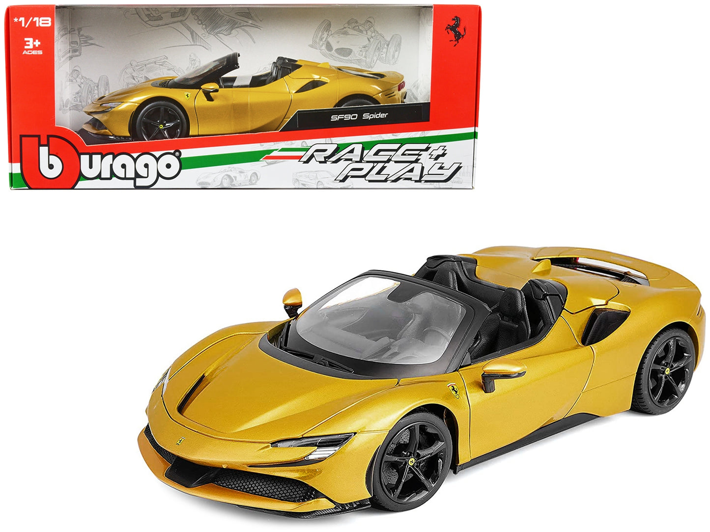 Ferrari SF90 Spider Gold Metallic "Race + Play" Series 1/18 - Premium Ferrari Models from Bburago - Just $92.99! Shop now at Rapidvehicles