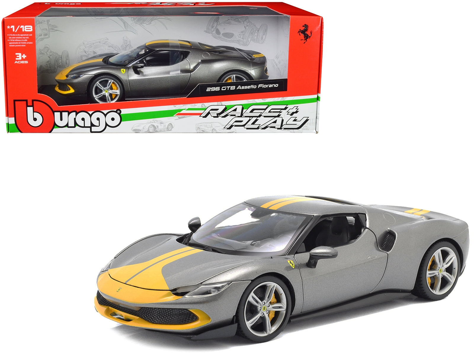 Ferrari 296 GTB Assetto Fiorano Gray Metallic with Yellow Stripes - Premium Ferrari Models from Bburago - Just $78.99! Shop now at Rapidvehicles