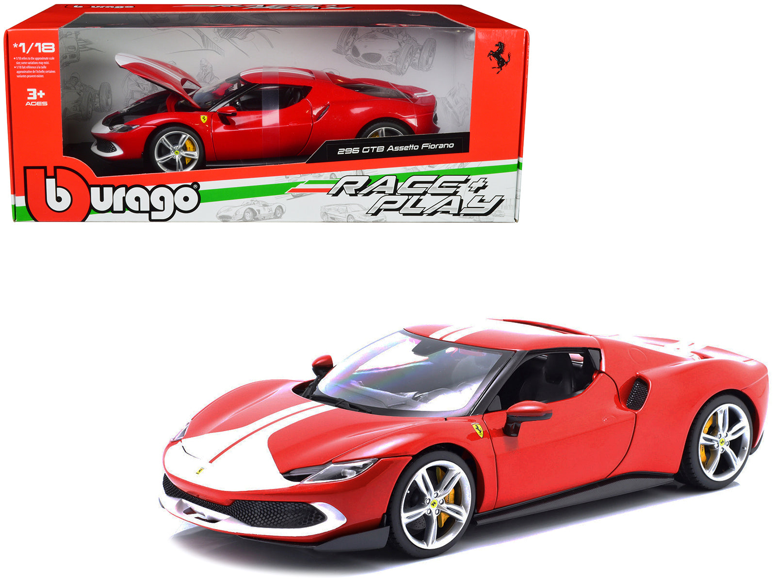 Ferrari 296 GTB Assetto Fiorano Red with White Stripes "Race + Play" Series 1/18 Diecast Model Car by Bburago free shipping USA