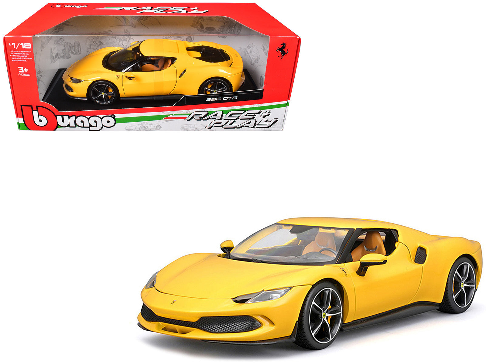 Ferrari 296 GTB Yellow "Race + Play" Series 1/18 Diecast Model