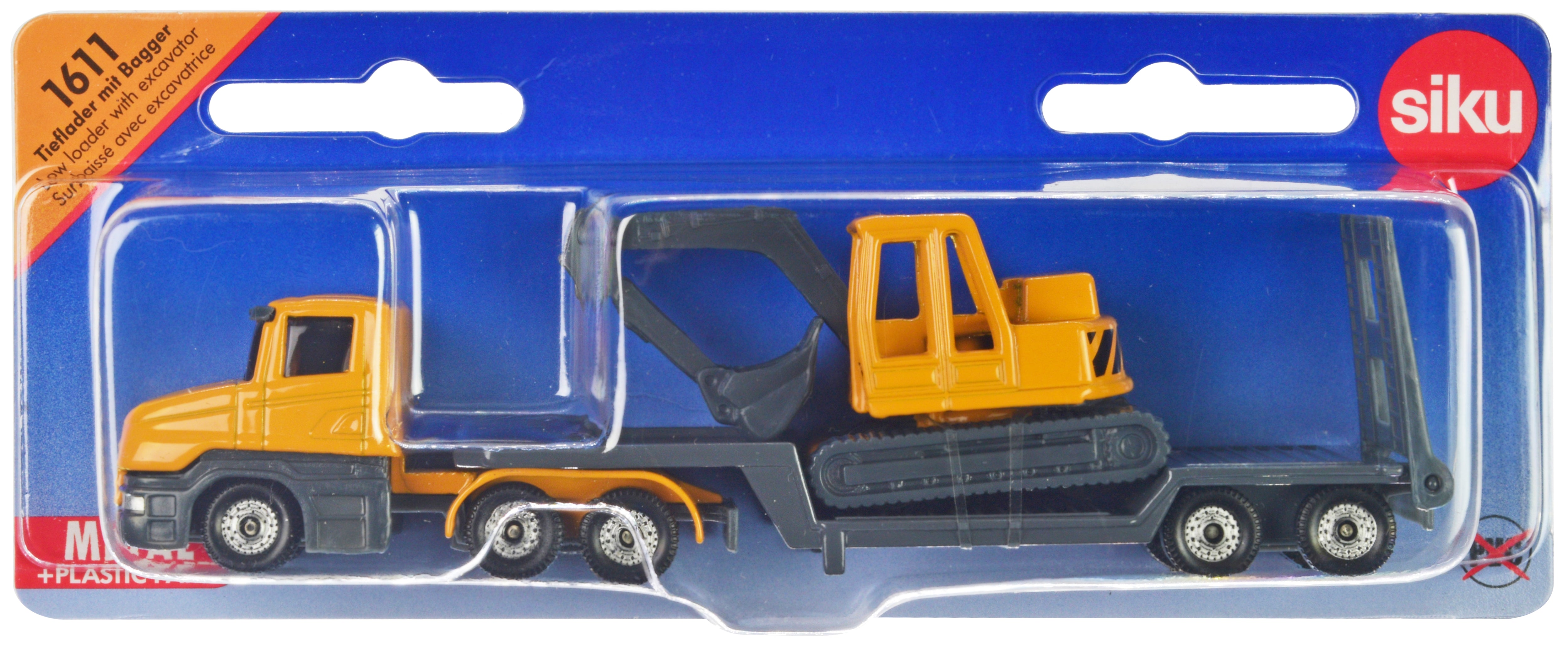 Truck with Low Loader Trailer and Excavator Yellow Diecast Model by Siku free shipping USA