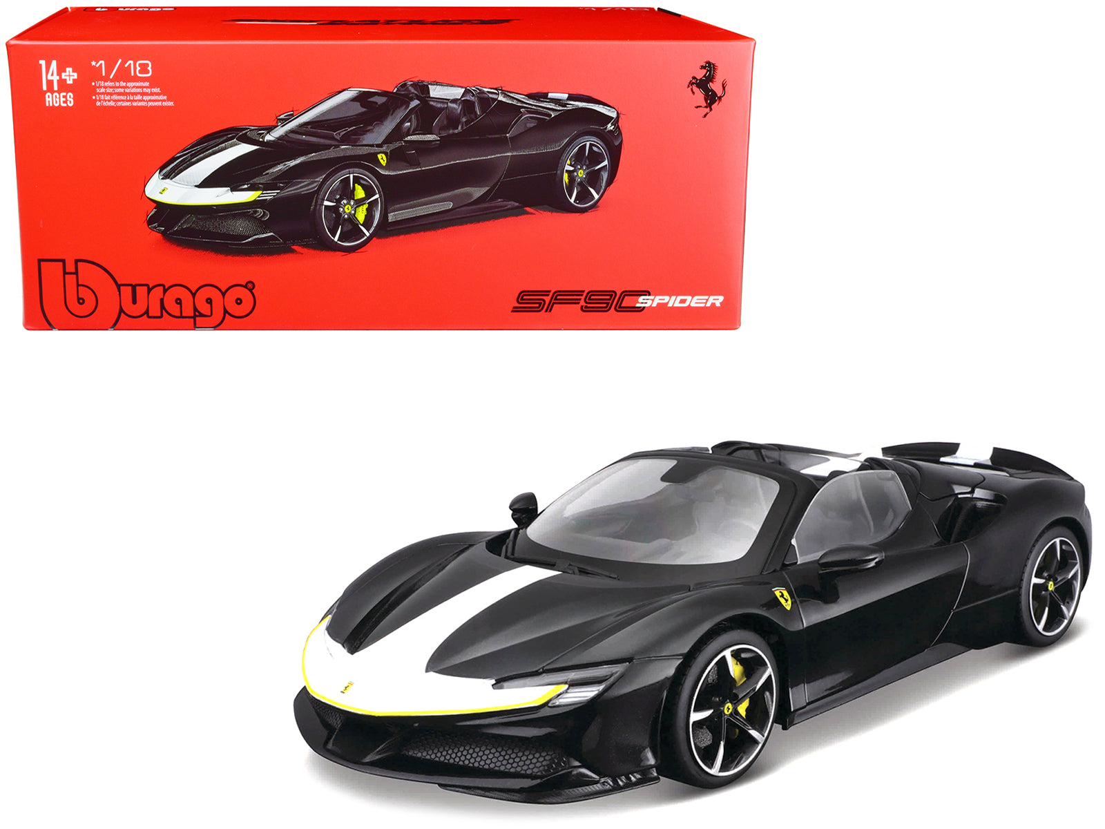 Ferrari SF90 Spider Assetto Fiorano Black Metallic with White Stripes "Signature Series" 1/18 Diecast Model Car by Bburago free shipping USA