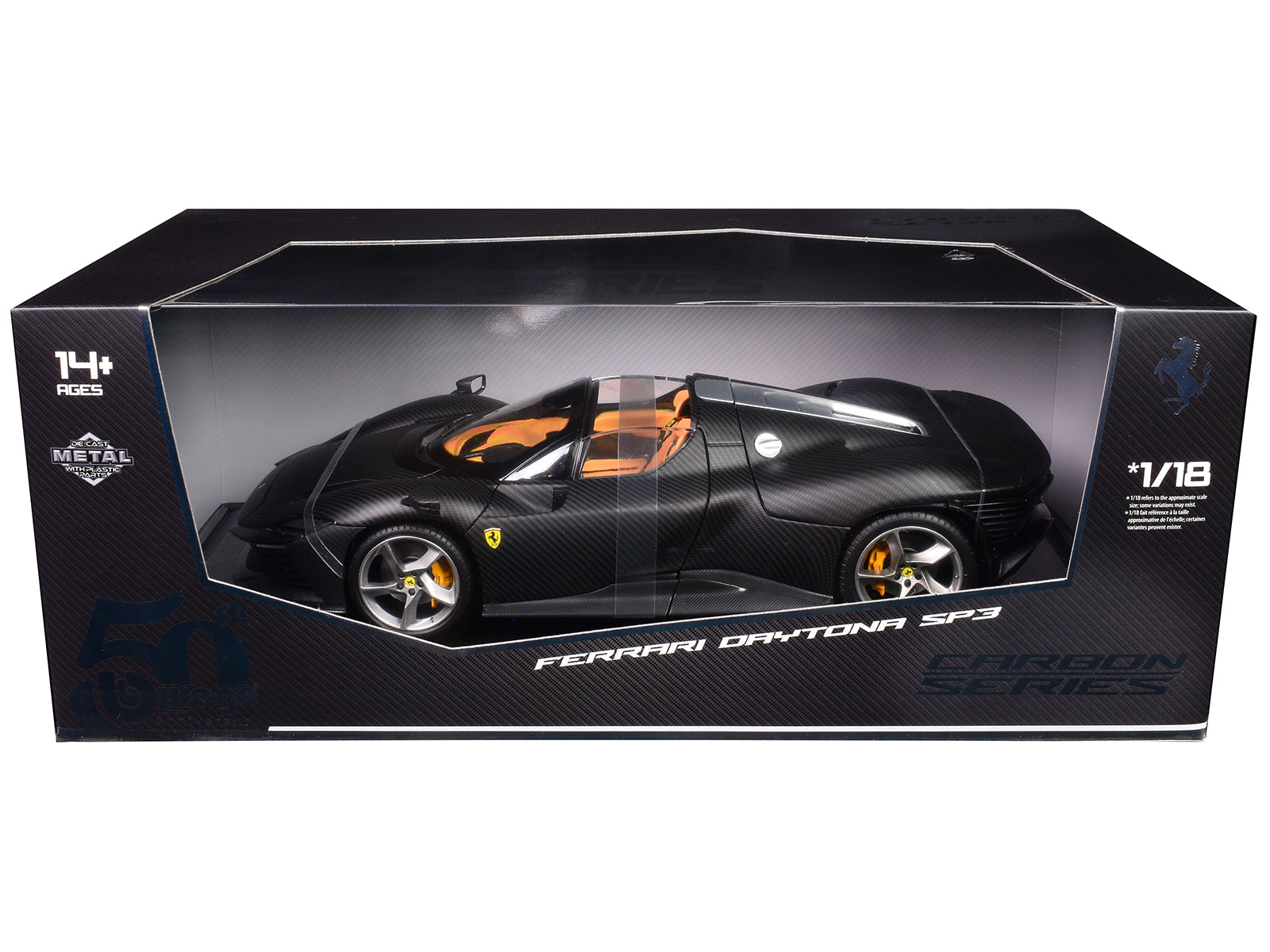 Ferrari Daytona SP3 Carbon Fiber "Carbon Series - Bburago 50th Anniversary" 1/18 Diecast Model Car by Bburago free shipping USA