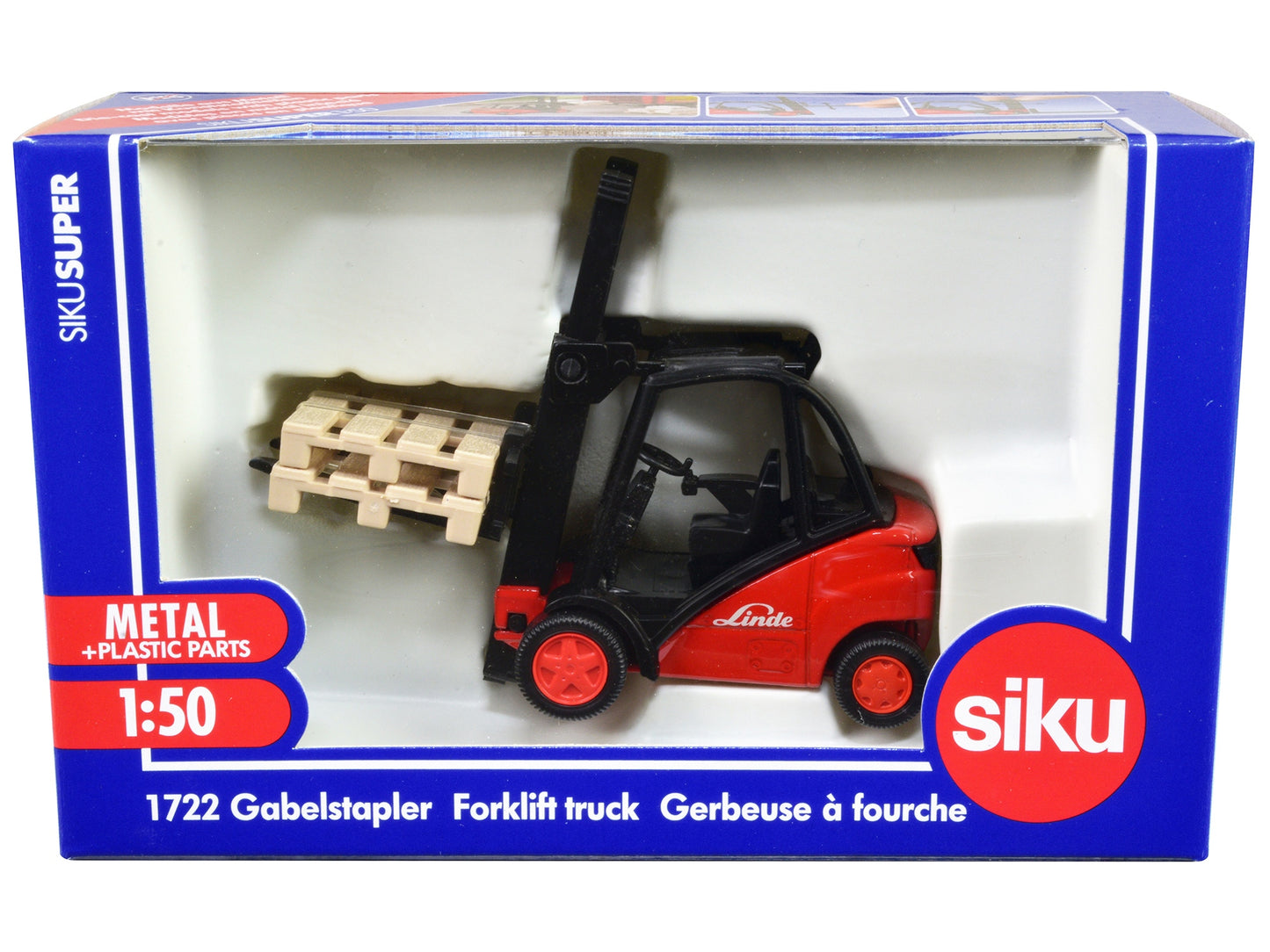 Linde Forklift Truck Red with 2 Pallet Accessories 1/50 Diecast