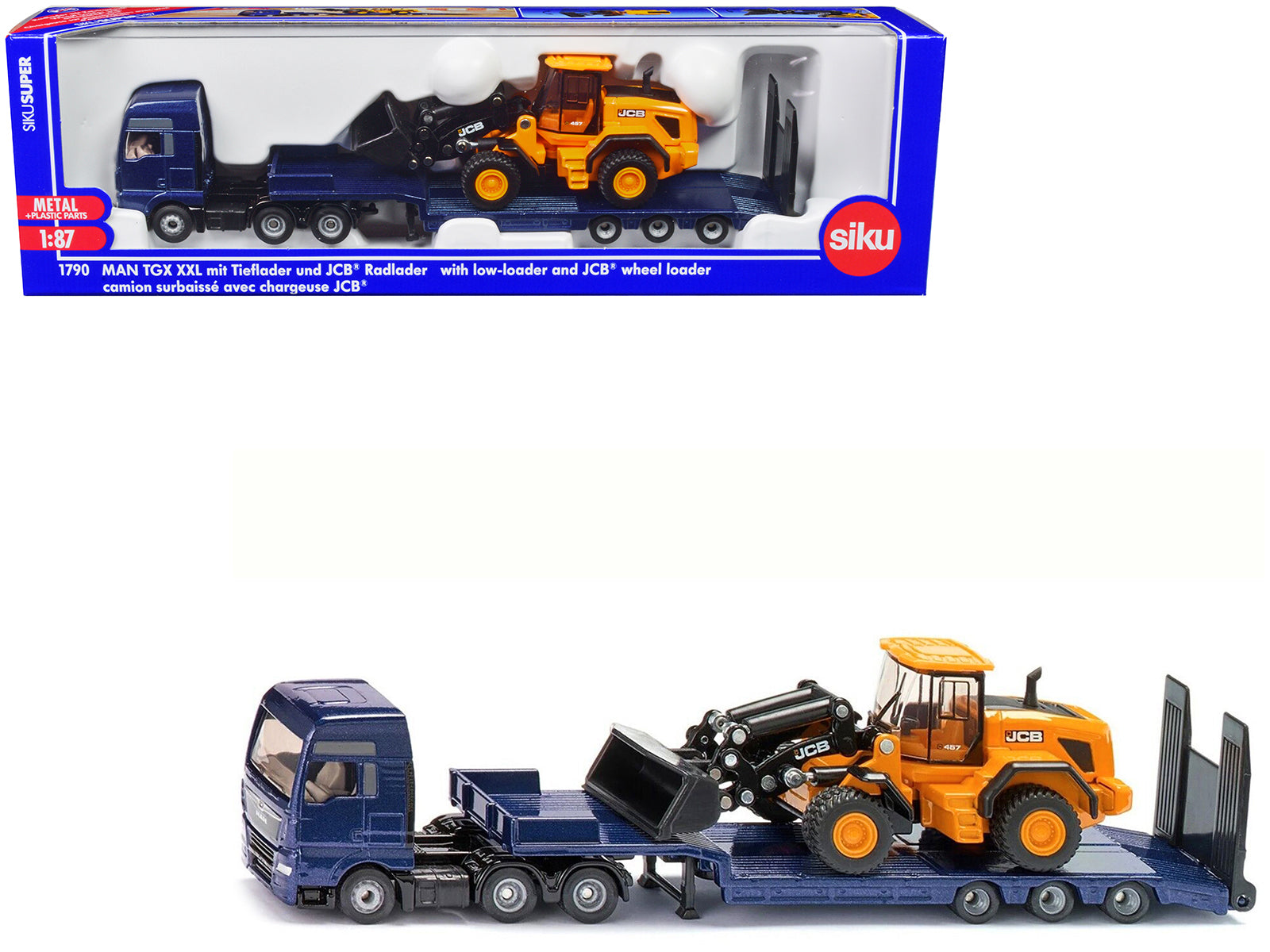 MAN Truck Blue Metallic with Low Loader Trailer and JCB 457 Wheel Loader Yellow 1/87 (HO) Diecast Model by Siku free shipping USA