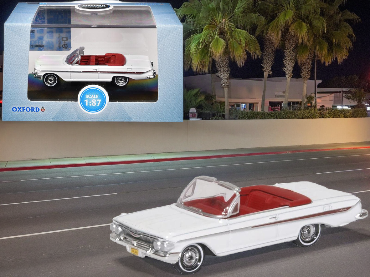 1961 Chevrolet Impala Convertible Ermine White with Roman Red Interior 1/87 (HO) Scale Diecast Model Car by Oxford Diecast