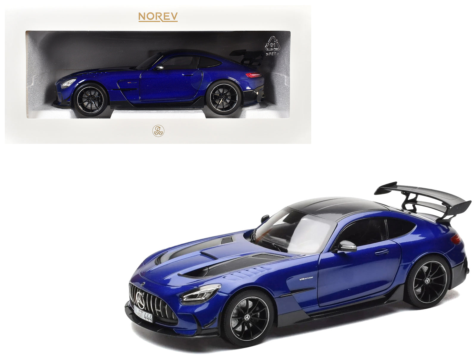 2021 Mercedes-Benz AMG GT Black Series Blue Metallic with Carbon Top and Hood Stripes 1/18 Diecast Model Car by Norev free shipping USA