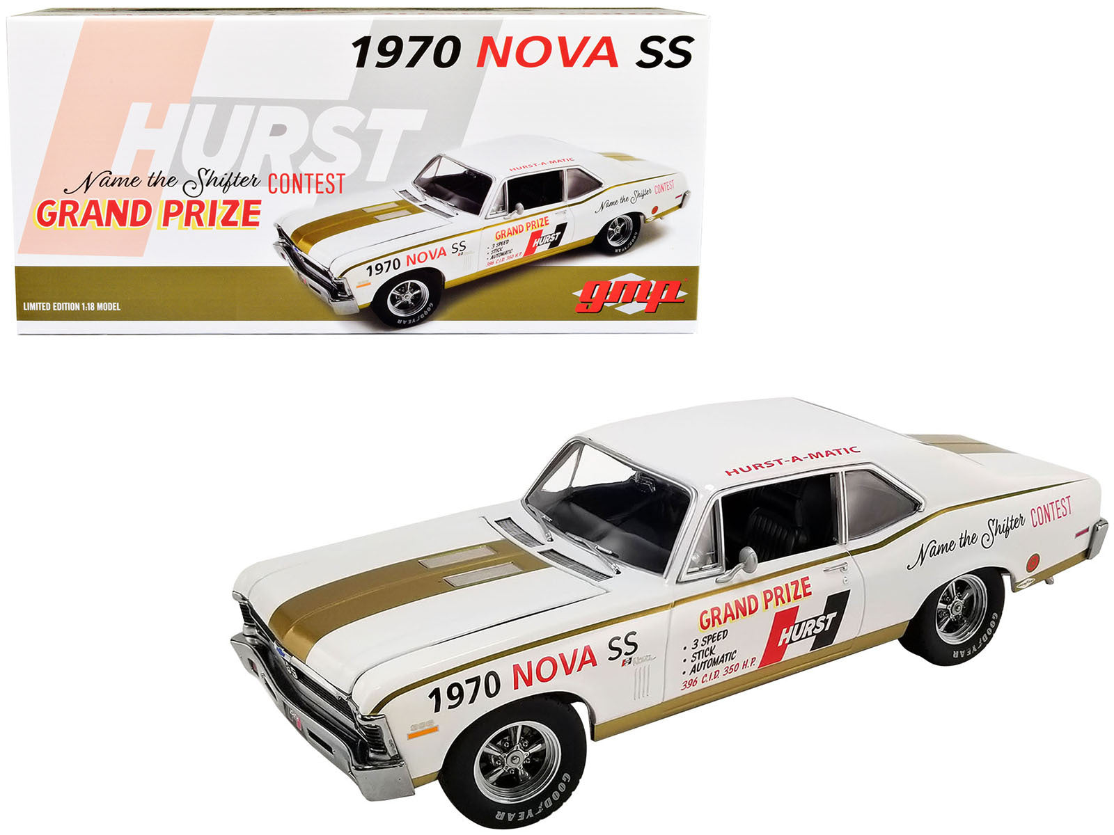 1970 Chevrolet Nova SS White with Graphics "Hurst - Name the Shifter Contest Grand Prize" Limited Edition to 564 pieces Worldwide 1/18 Diecast Model Car by GMP - Premium Chevrolet Models from GMP - Just $113.78! Shop now at Rapidvehicles