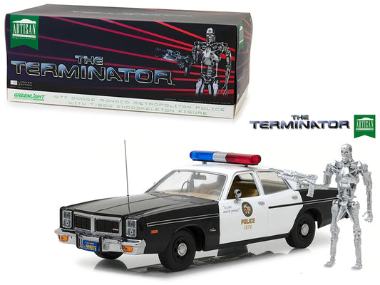 1977 Dodge Monaco Metropolitan Police with T-800 Endoskeleton Figurine "The Terminator" (1984) Movie 1/18 Diecast Model Car by Greenlight free shipping USA