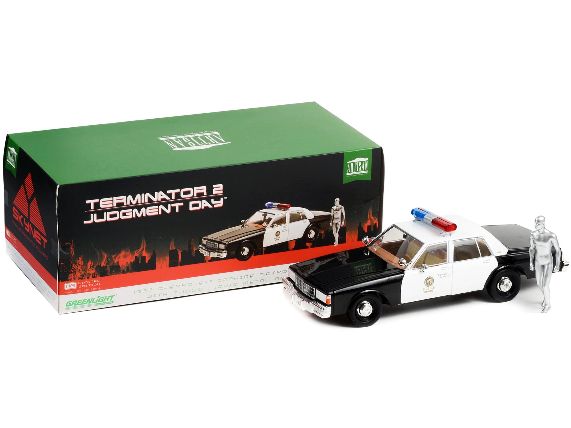 1987 Chevrolet Caprice Metropolitan Police Black and White with T-1000 Liquid Metal Android Diecast Figure "Terminator 2: Judgment Day" (1991) Movie "Artisan Collection" 1/18 Diecast Model Car by Greenlight - Premium Movie/TV Series Models from Greenlight - Just $90.99! Shop now at Rapidvehicles