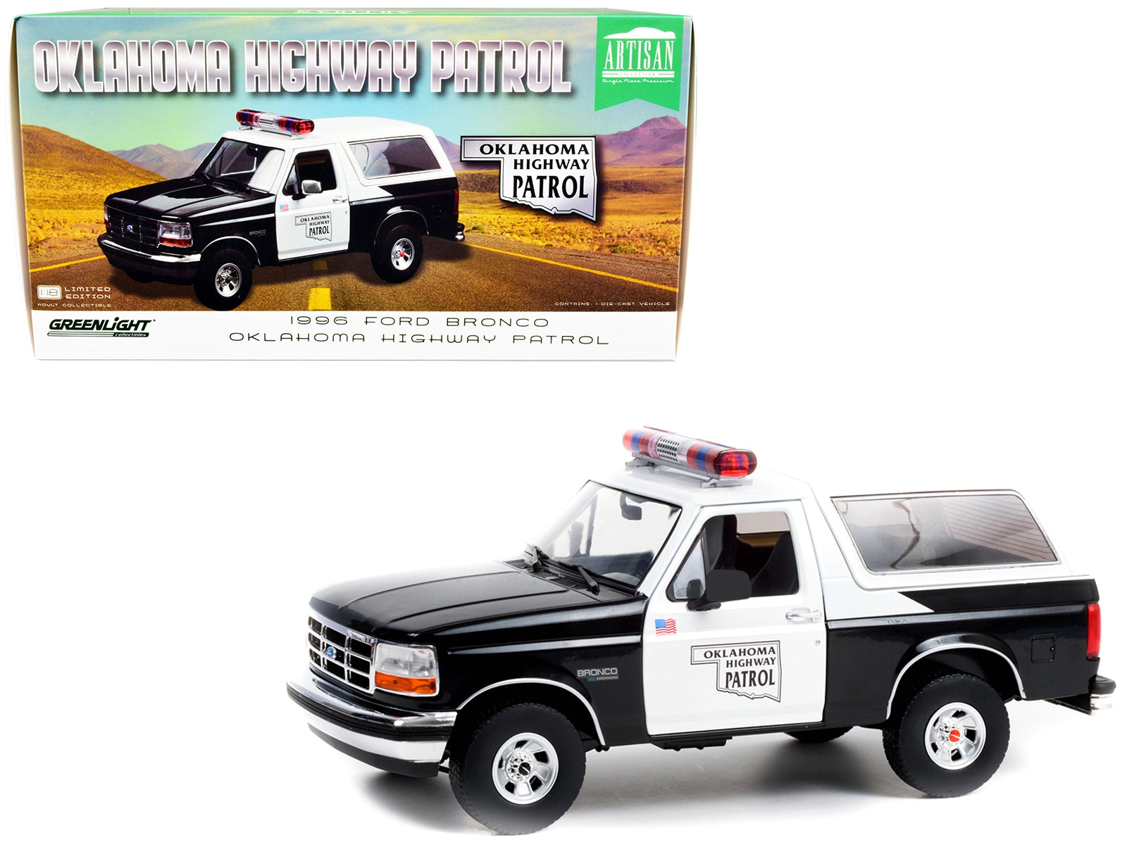 1996 Ford Bronco Police Black and White Oklahoma Highway Patrol "Artisan Collection" 1/18 Diecast Model Car by Greenlight - Premium Police Models from Greenlight - Just $92.24! Shop now at Rapidvehicles