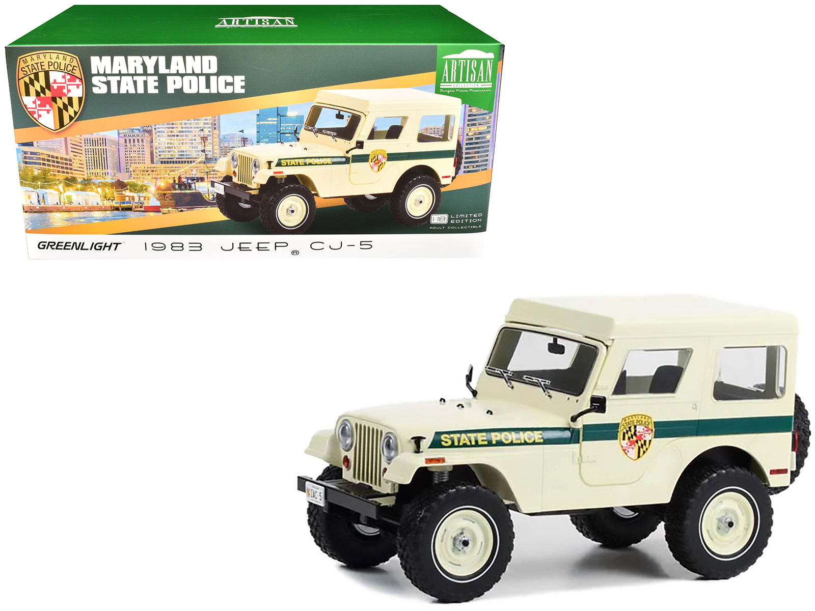 1983 Jeep CJ-5 Hardtop "Maryland State Police" Beige with Green Stripes "Artisan Collection" Series 1/18 Diecast Model Car by Greenlight free shipping USA