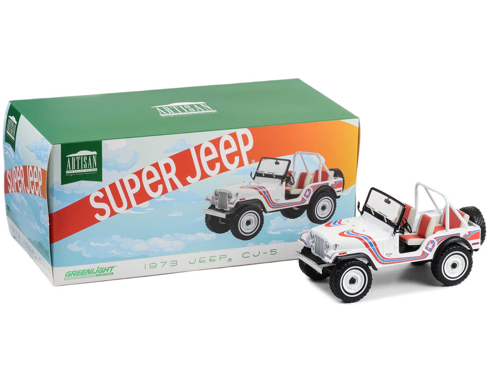 1973 Jeep CJ-5 "Super Jeep" White with Red and Blue Graphics "Artisan Collection" Series 1/18 Diecast Model Car by Greenlight - Premium Jeep Models from Greenlight - Just $87.31! Shop now at Rapidvehicles