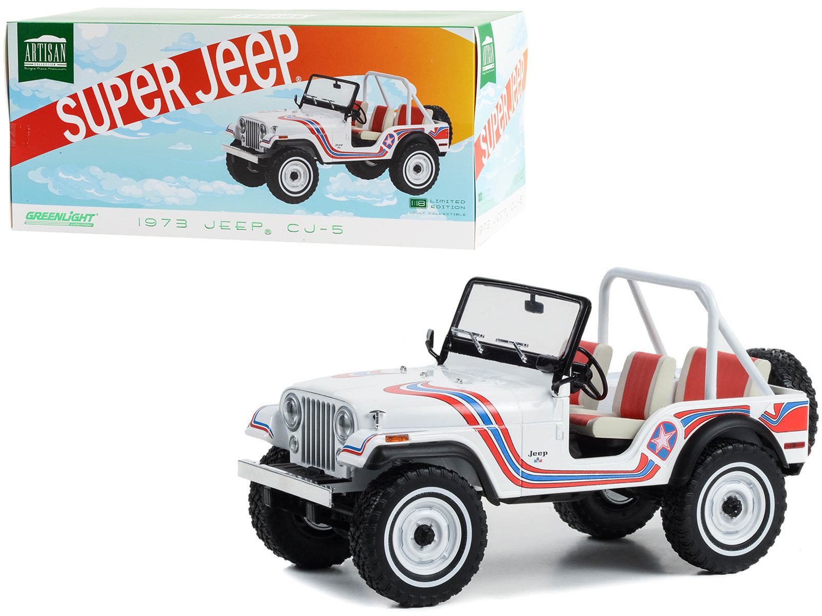 1973 Jeep CJ-5 "Super Jeep" White with Red and Blue Graphics "Artisan Collection" Series 1/18 Diecast Model Car by Greenlight - Premium Jeep Models from Greenlight - Just $87.31! Shop now at Rapidvehicles