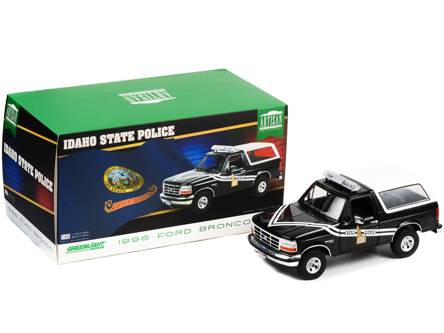 1996 Ford Bronco Black and White "Idaho State Police" "Artisan - Premium Police Models from Greenlight - Just $107.99! Shop now at Rapidvehicles