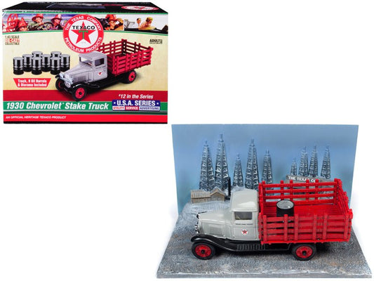 1930 Chevrolet Stake Truck with Eight Oil Barrels and Oil Derricks Diorama "Texaco" 12th in the "U.S.A. Series" 1/43 Diecast Model by Auto World free shipping USA - Rapid Vehicles