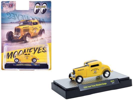 1932 Ford Three - Window Coupe "MoonEyes" Yellow with Black Stripe Limited Edition to 4400 pieces Worldwide 1/64 Diecast Model Car by M2 Machines free shipping USA - Rapid Vehicles
