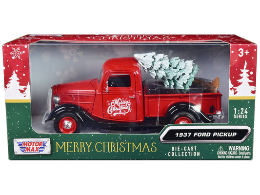 1937 Ford Pickup Truck Red and Black "Merry Christmas" with Tree Accessory 1/24 Diecast Model Car by Motormax free shipping USA - Rapid Vehicles