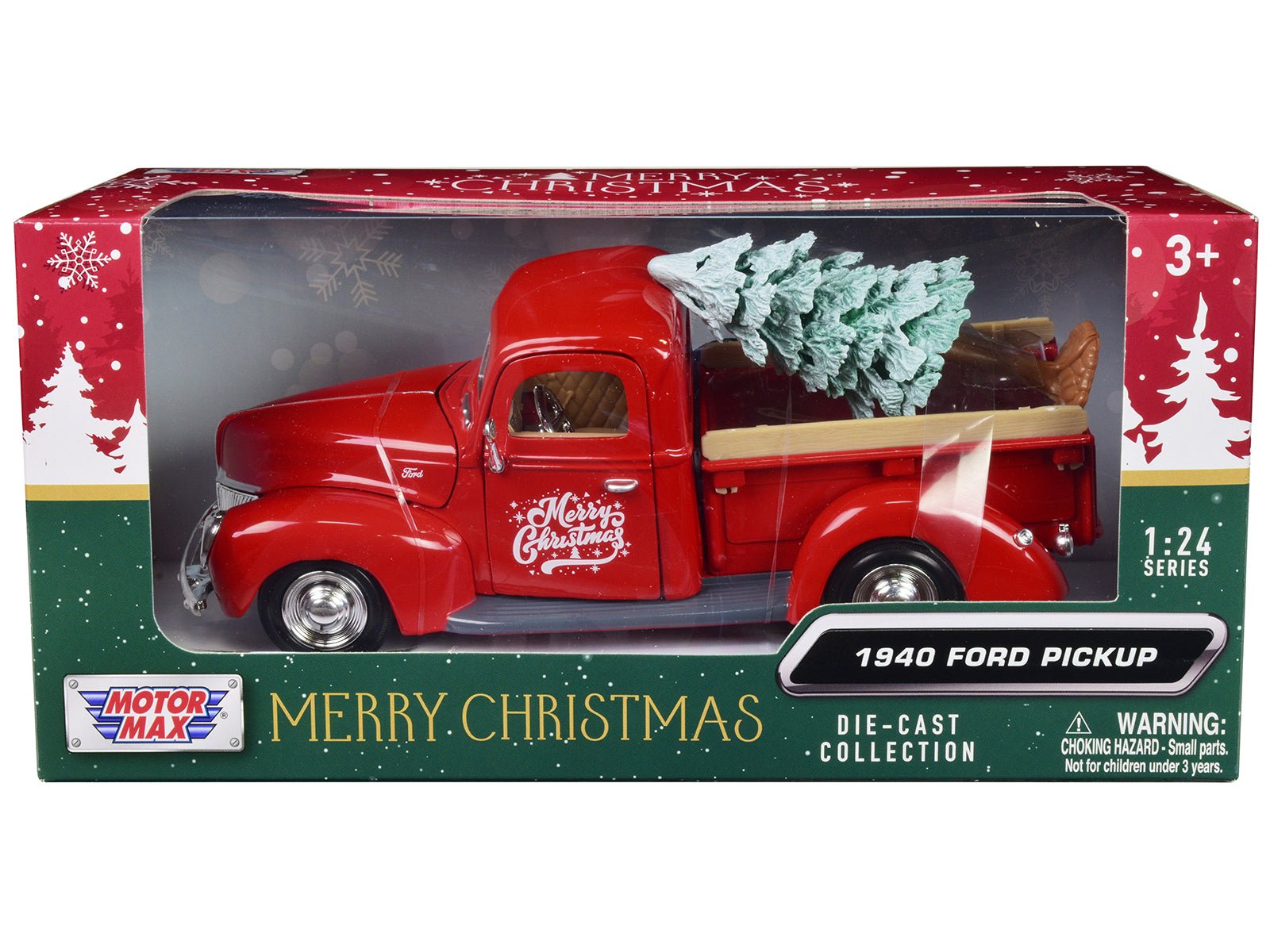 1940 Ford Pickup Truck Red "Merry Christmas" with Tree Accessory 1/24 Diecast Model Car by Motormax free shipping USA - Rapid Vehicles
