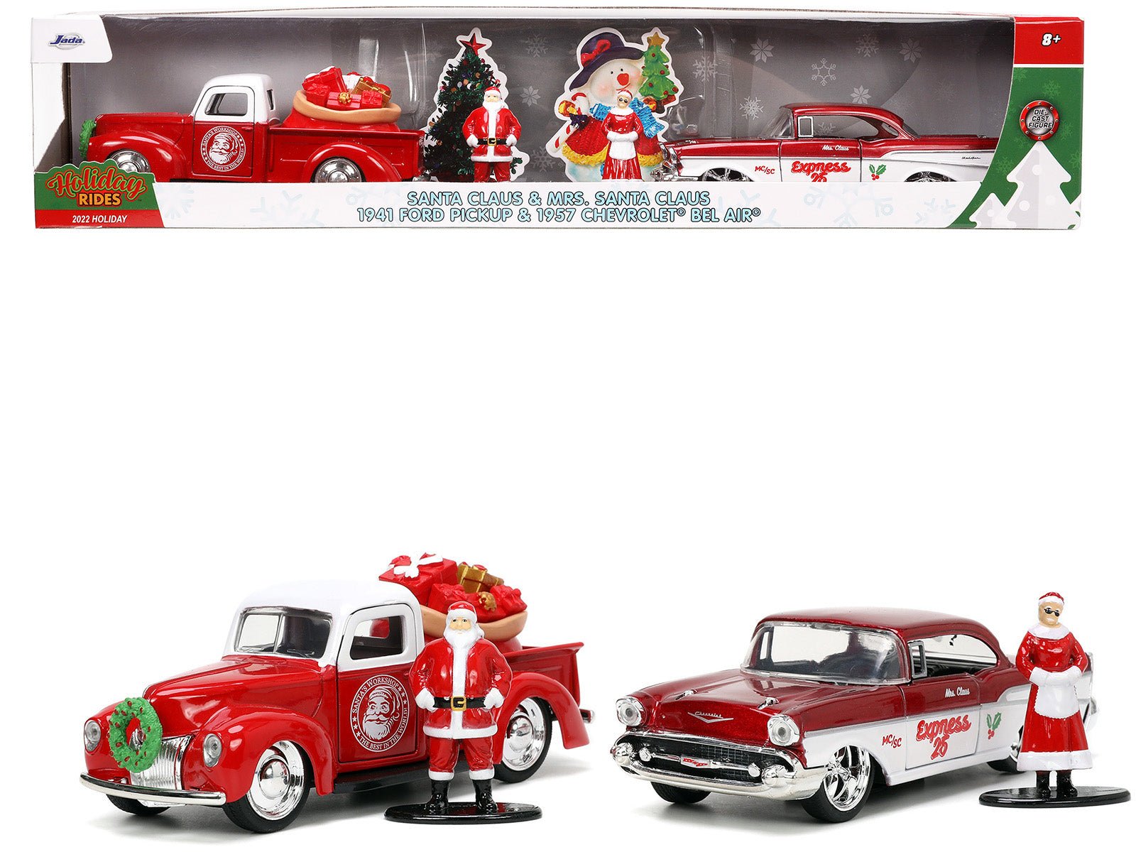 1941 Ford Pickup Truck Red and White "Santa's Workshop" and 1957 Chevrolet Bel Air Red Metallic and White "Express 25" with Mr. and Mrs. Santa Claus Diecast Figures "Holiday Rides" Series 1/32 Diecast Model Cars by Jada free shipping USA - Rapid Vehicles