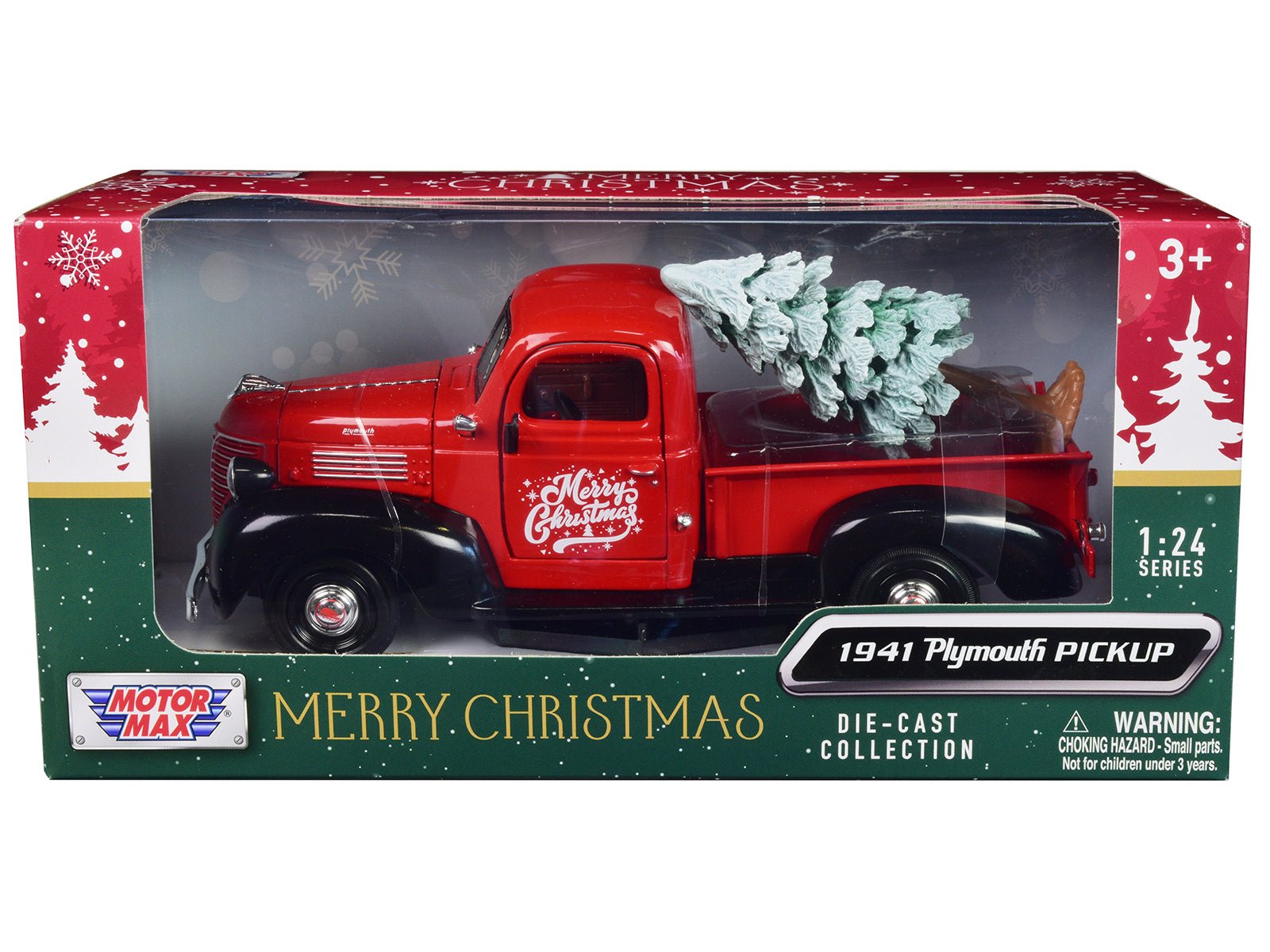 1941 Plymouth Pickup Truck Red and Black "Merry Christmas" with Tree Accessory 1/24 Diecast Model Car by Motormax free shipping USA - Rapid Vehicles