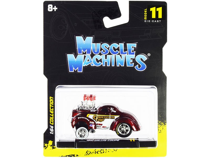 1941 Willys Coupe Gasser "Competition Cams" Red Metallic and White 1/64 Diecast Model Car by Muscle Machines free shipping USA - Rapid Vehicles